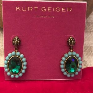 Kurt Geiger Gold Tone Eagle & Green Crystal Regency Drop Earrings NWT & Dust Bag